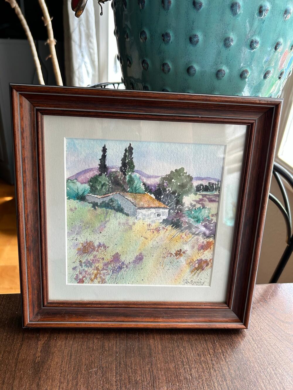 Original watercolor painting wooden frame European Mediterranean cottage floral